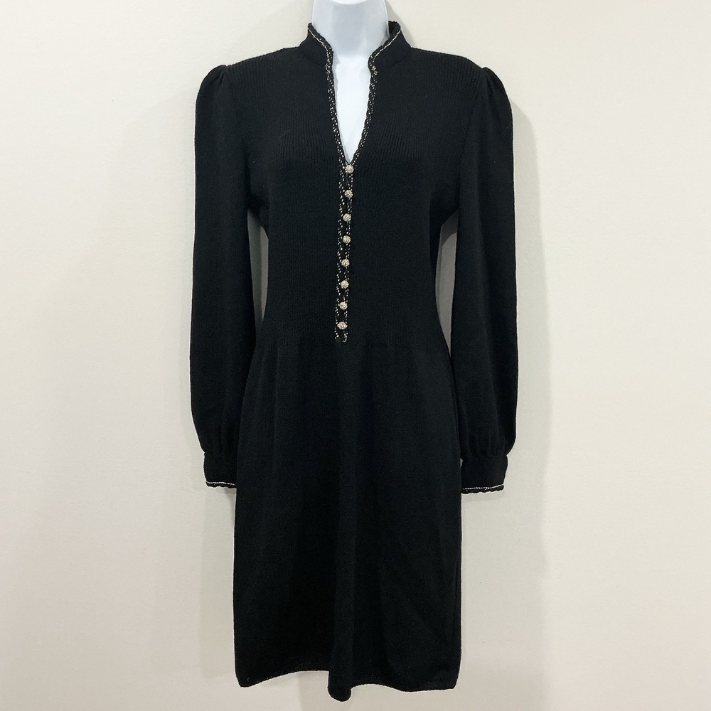 Vintage St. John Black Santana Knit Puffed Sleeve Black Gold Trim Dress Sz 4